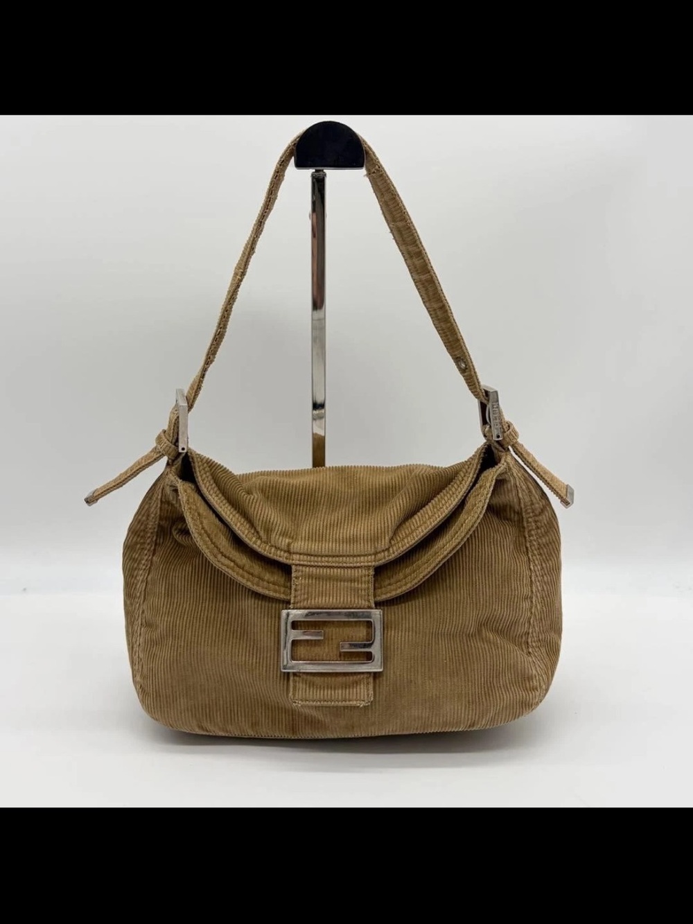 Fendi Tan Corduroy Shoulder Bag with Silver FF Clasp